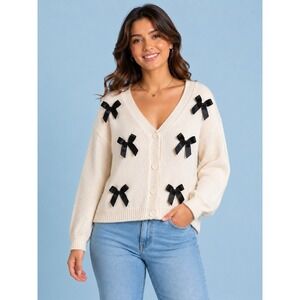 Luna Ivy Cream Knit Cardigan Sweater Black Bows V-Neck M Coquette Feminine